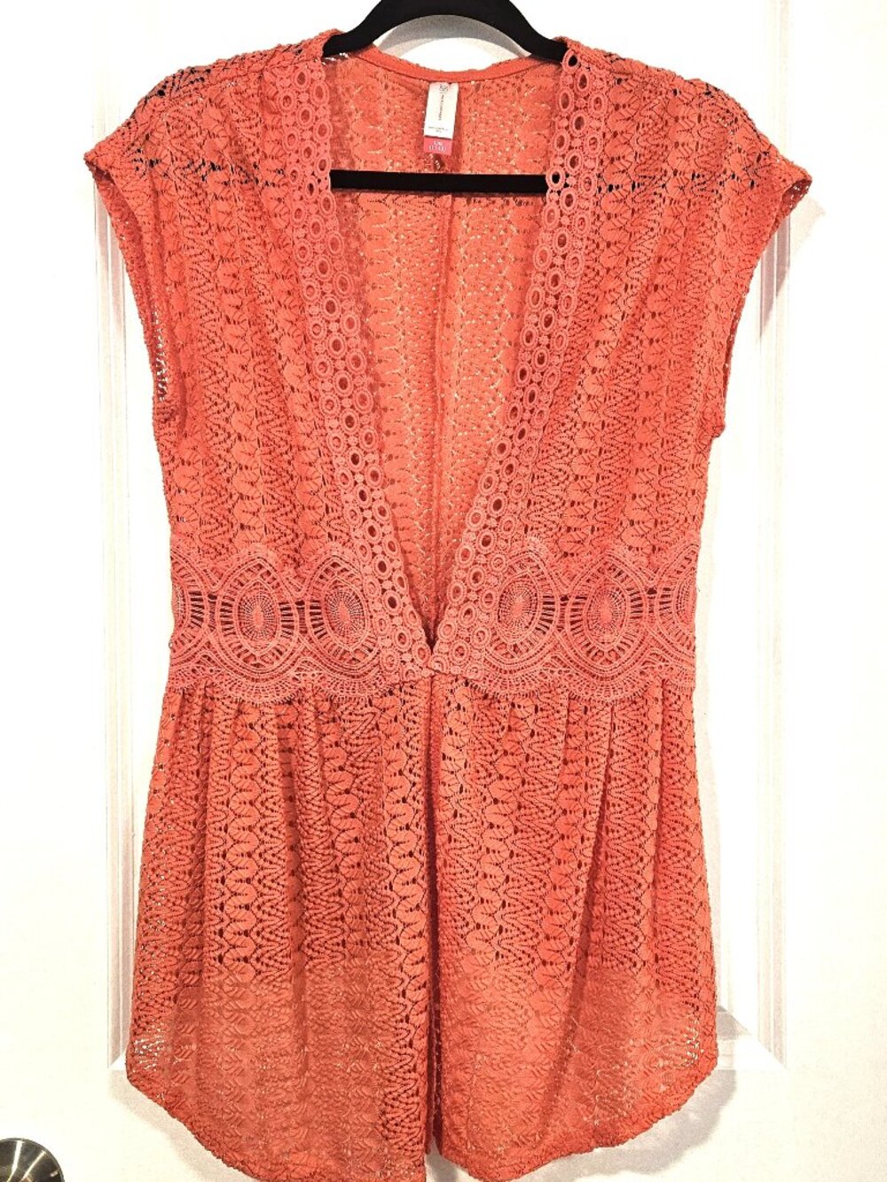Coral Lace Crochet Open Front Cover Up High Low Vest L